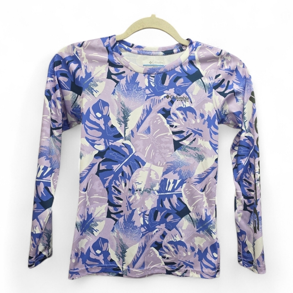 Columbia PFG Girls UPF 50 Performance Fishing Shirt Violet Palms Med Long Sleeve